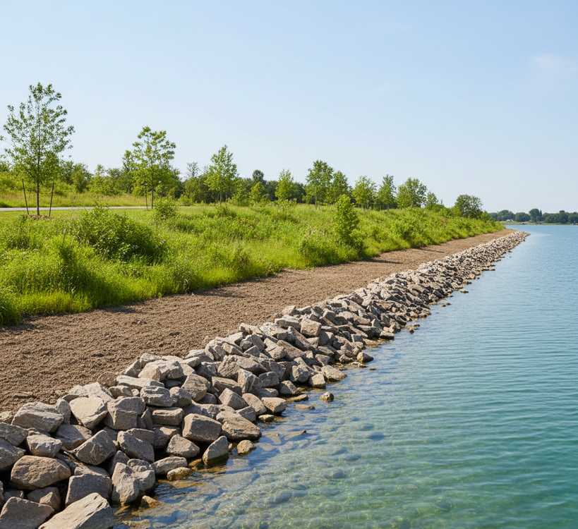 Riprap installation on a lake shoreline