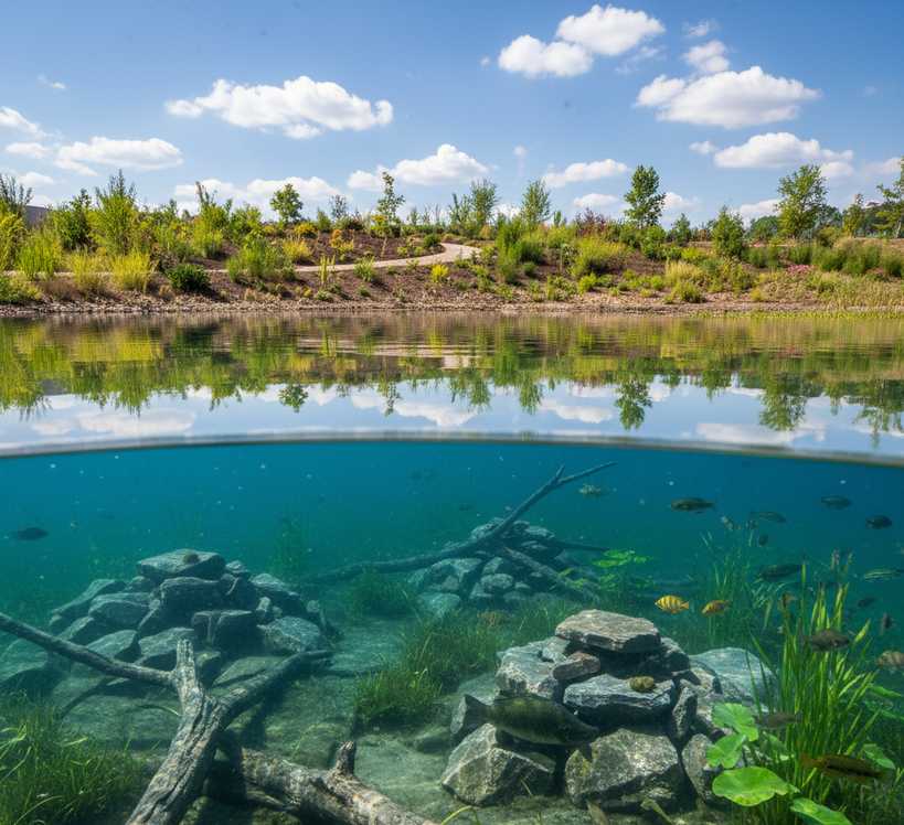 Aquatic plants and habitat structures in a new lake
